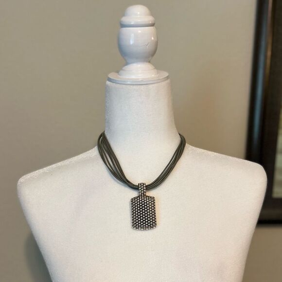 Artisan Olive Leather and Stamped Silver Pendant Necklace - Picture 10 of 15